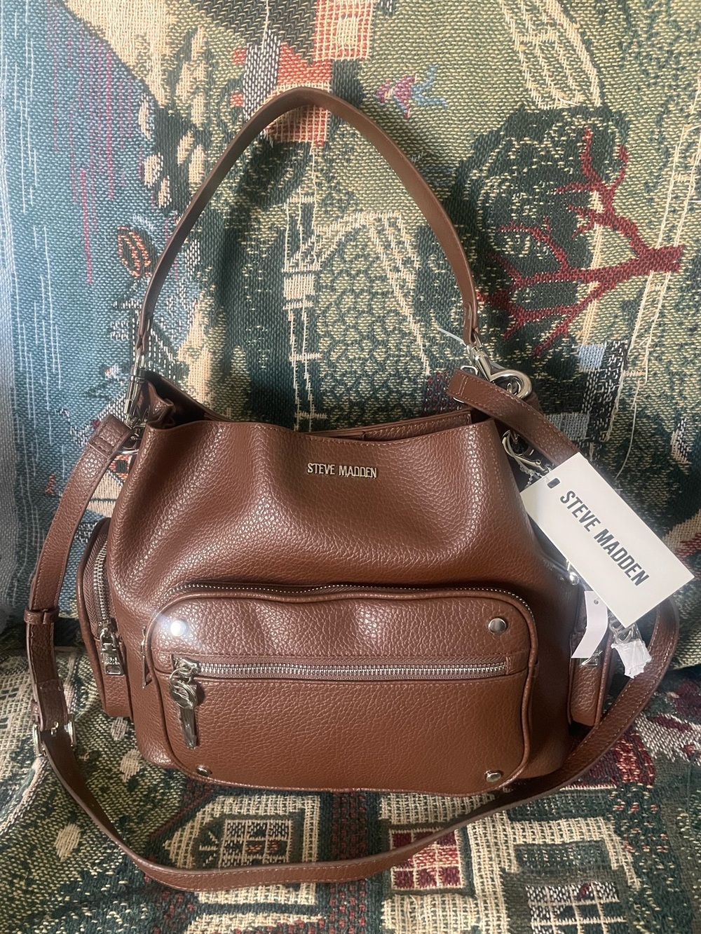 Steve Madden Chestnut Pebbled Leather Shoulder Bag with Front Zip Pocket